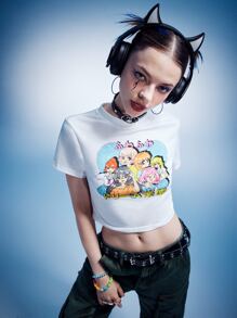ROMWE Anime Cartoon Graphic Crop Tee, School - White - View 6