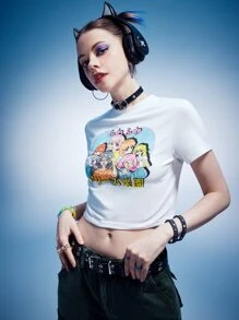 ROMWE Anime Cartoon Graphic Crop Tee, School - White - View 5