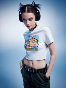 ROMWE Anime Cartoon Graphic Crop Tee, School - White - View 3