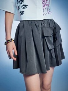 ROMWE Anime Solid Chain Decor Cargo Skirt - Grey - View 4