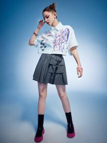 ROMWE Anime Solid Chain Decor Cargo Skirt - Grey - View 5