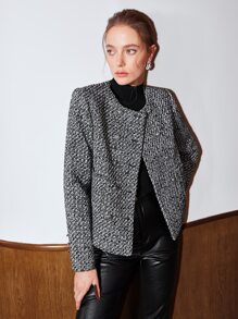 MOTF PREMIUM TWEED BOXY CROPPED OVERCOAT - Black and White - View 6