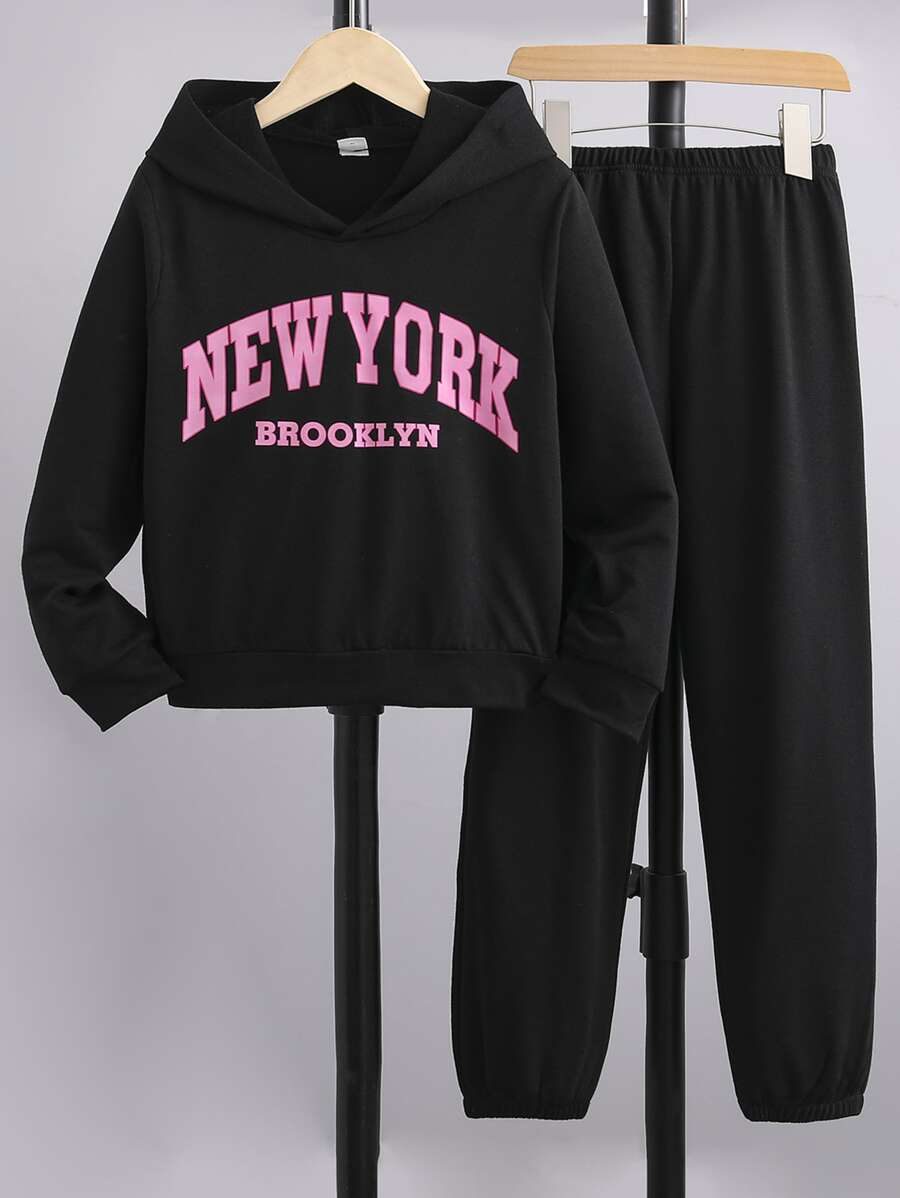 SHEIN Girls Letter Graphic Hoodie & Joggers - Black - View 1