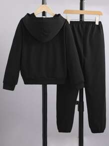 SHEIN Girls Letter Graphic Hoodie & Joggers - Black - View 2