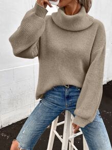 SHEIN LUNE Turtleneck Bishop Sleeve Ribbed Knit Jumper - Mocha Brown - View 1