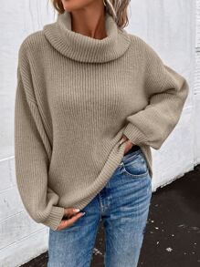 SHEIN LUNE Turtleneck Bishop Sleeve Ribbed Knit Jumper - Mocha Brown - View 3
