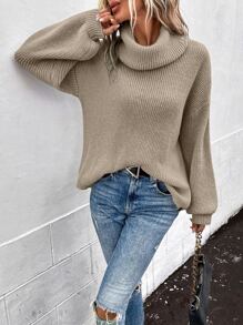 SHEIN LUNE Turtleneck Bishop Sleeve Ribbed Knit Jumper - Mocha Brown - View 5
