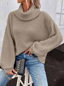 SHEIN LUNE Turtleneck Bishop Sleeve Ribbed Knit Jumper - Mocha Brown - View 6