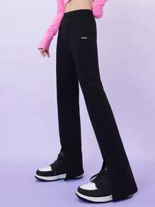 Letter Patched Split Hem Flare Leg Trousers - Black - View 1