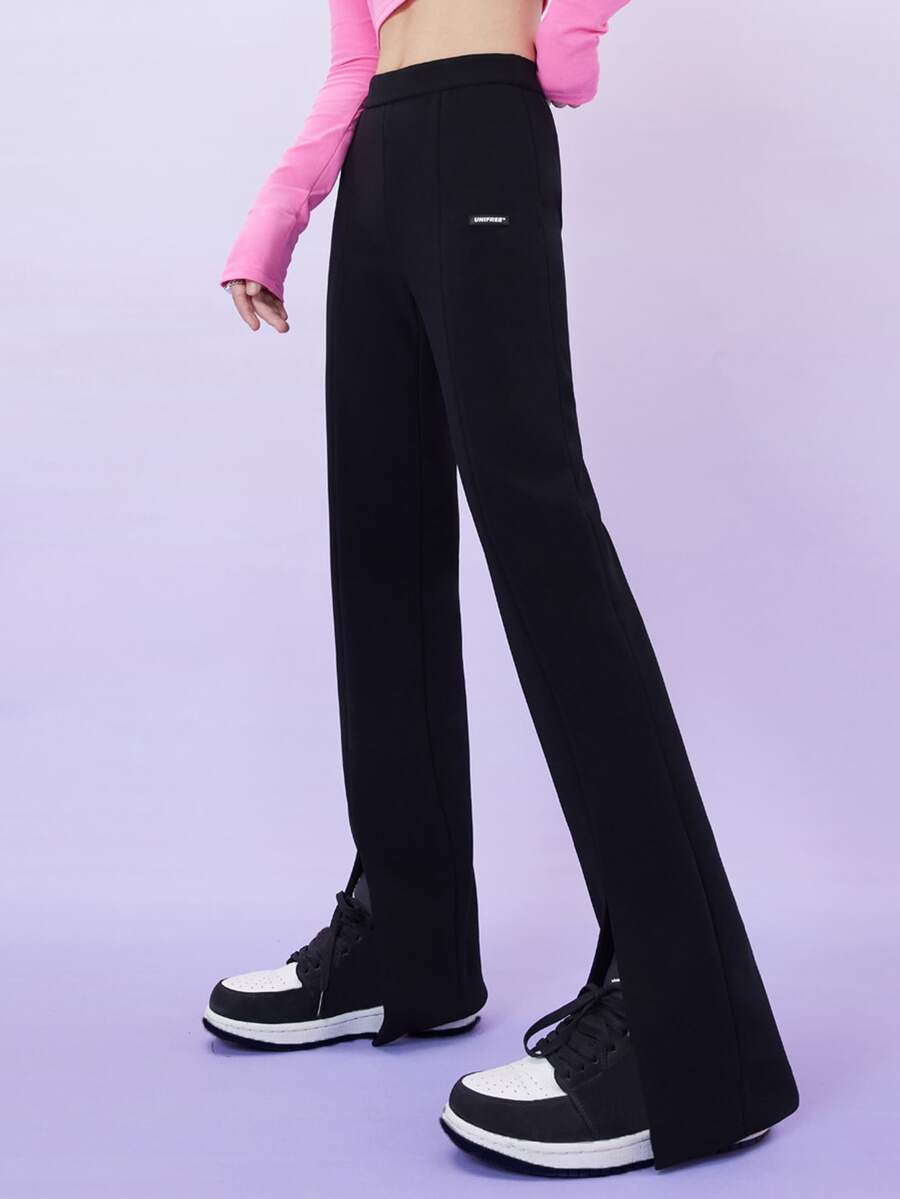 Letter Patched Split Hem Flare Leg Trousers - Black - View 1