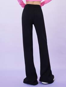 Letter Patched Split Hem Flare Leg Trousers - Black - View 2