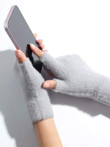 Guantes sin dedo unicolor mullido - Gris Claro - Ver 3