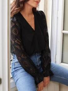 SHEIN Frenchy Women's Lace Puff Long Sleeve Bodysuit - Black - View 6