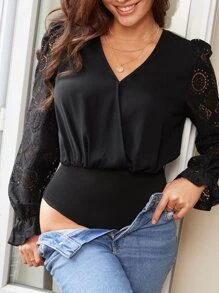 SHEIN Frenchy Women's Lace Puff Long Sleeve Bodysuit - Black - View 2