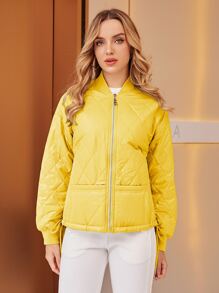 ZIAI Zip Up Drop Shoulder Quilted Coat - Yellow - View 1