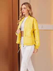 ZIAI Zip Up Drop Shoulder Quilted Coat - Yellow - View 3