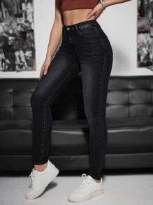 SHEIN EZwear Slant Pocket Skinny Jeans - Black - View 2