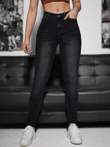 SHEIN EZwear Slant Pocket Skinny Jeans - Black - View 1