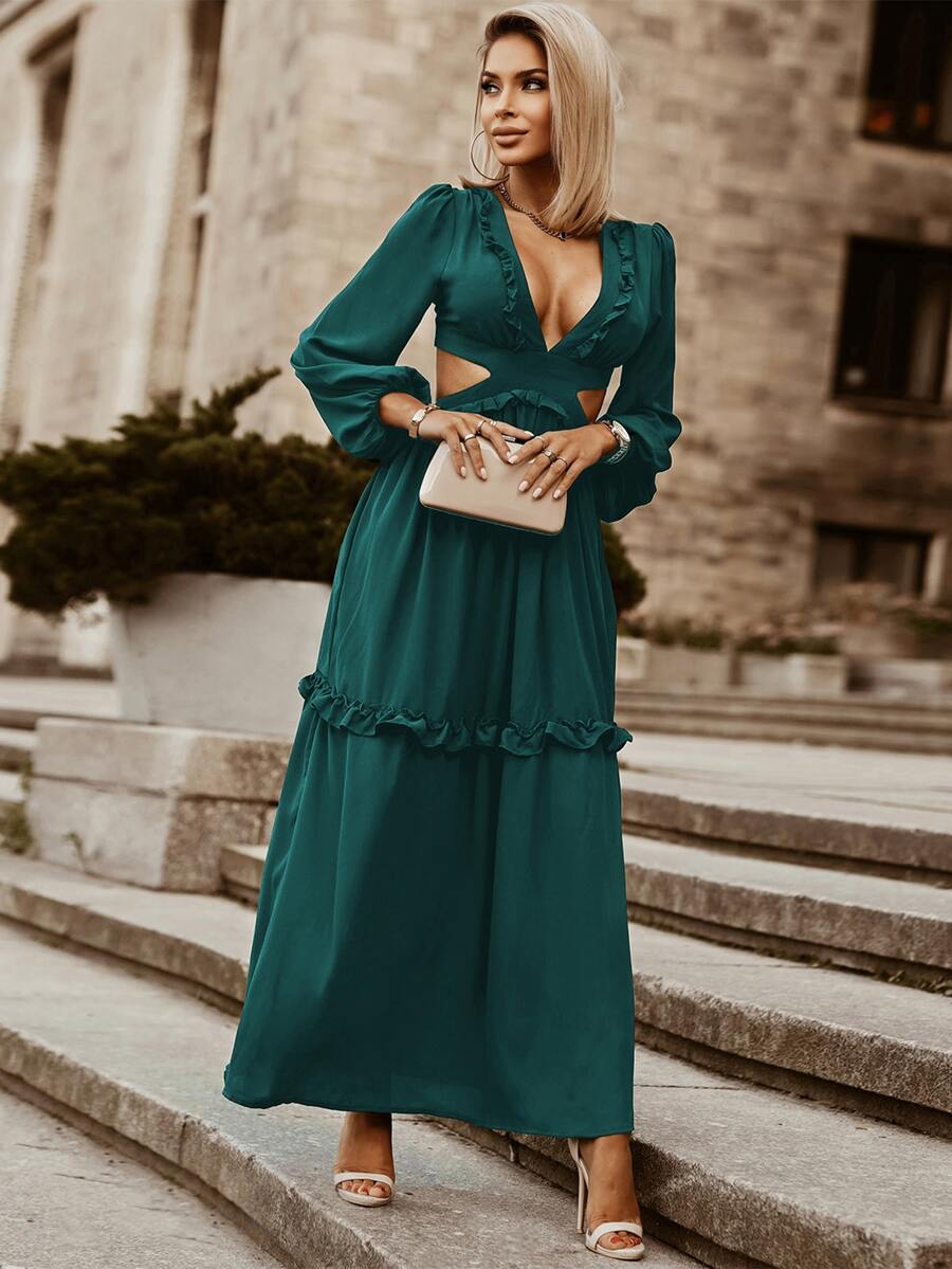 Acelitt Plunge Neck Cut Out Frill Trim Dress - Dark Green - View 1
