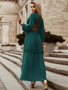 Acelitt Plunge Neck Cut Out Frill Trim Dress - Dark Green - View 2