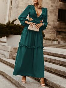 Acelitt Plunge Neck Cut Out Frill Trim Dress - Dark Green - View 5