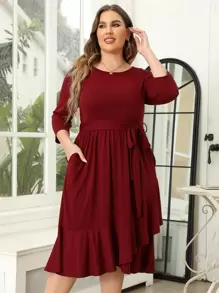 Vestido con cinturón bajo con fruncido - Burdeos - Ver 1