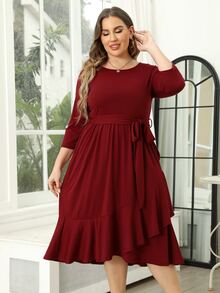 Vestido con cinturón bajo con fruncido - Burdeos - Ver 4
