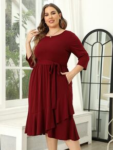 Vestido con cinturón bajo con fruncido - Burdeos - Ver 6