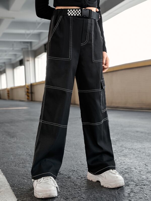 SHEIN Kids EVRYDAY Girls Flap Pocket Whip Stitch Belted Pants SHEIN USA