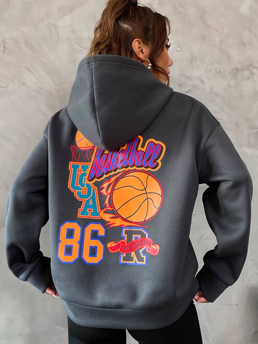 SHEIN Unity Basketball And Letter Graphic Drop Shoulder Hoodie - Dark Grey - View 1