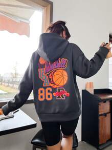 SHEIN Unity Basketball And Letter Graphic Drop Shoulder Hoodie - Dark Grey - View 4