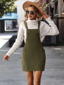 Dual Pocket Pinafore Dress Without Jumper - Army Green - View 3