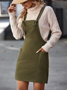 Dual Pocket Pinafore Dress Without Jumper - Army Green - View 5