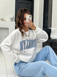 SHEIN Unity Letter Graphic Drop Shoulder Pullover & Joggers - Blue and White - View 3
