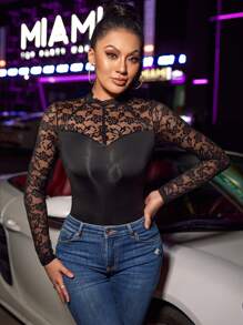 SHEIN Privé Contrast Lace Mock Neck Bodysuit - Black - View 4