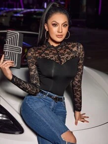 SHEIN Privé Contrast Lace Mock Neck Bodysuit - Black - View 5