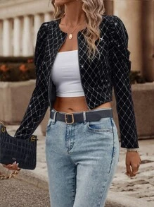 SHEIN Essnce Zip Up Gigot Sleeve Crop Jacket - Black - View 1