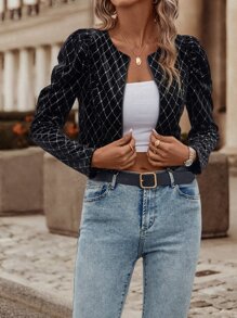 SHEIN Essnce Zip Up Gigot Sleeve Crop Jacket - Black - View 4