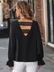 Guipure Lace Insert Flounce Sleeve Blouse - Black - View 1