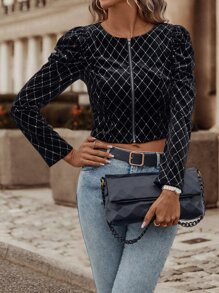 SHEIN Essnce Zip Up Gigot Sleeve Crop Jacket - Black - View 6