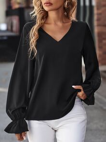 Guipure Lace Insert Flounce Sleeve Blouse - Black - View 4