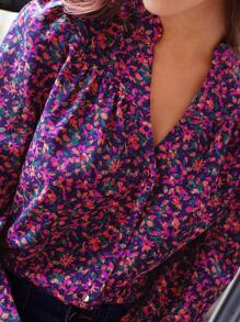 Poéselle Ditsy Floral Notched Neck Blouse,Long Sleeve Tops - Multicolor - View 3