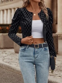 SHEIN Essnce Zip Up Gigot Sleeve Crop Jacket - Black - View 7