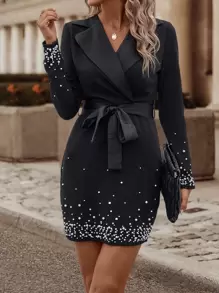 SHEIN Clasi Pearls Detail Lapel Collar Belted Fitted Dress - Black - View 3