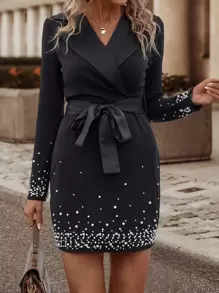 SHEIN Clasi Pearls Detail Lapel Collar Belted Fitted Dress - Black - View 5