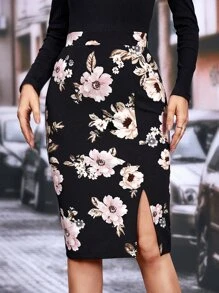 SHEIN Clasi 印花開衩短裙 - 黑色 - 查看 2