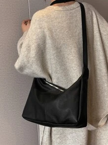 荔枝紋壓花流浪包 - 黑色 - 查看 2