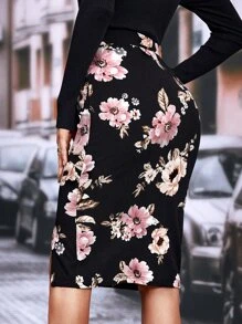SHEIN Clasi 印花開衩短裙 - 黑色 - 查看 3