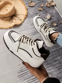 Two Tone Strap Lace-up Front Skate Shoes - Brown - View 1