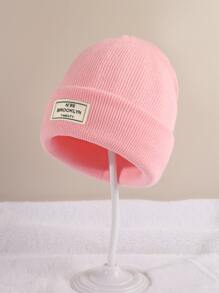 1pc Kids' Solid Color Multi-Color Outdoor Casual Fashion Popular Fabric Label Brooklyn Letter Pattern Comfortable Knit Hat, All Season - Pink - View 1